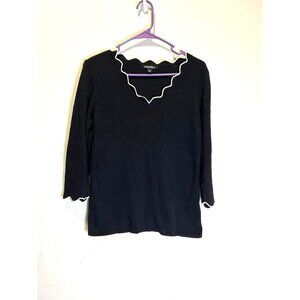 Roz & Ali Black Scalloped V-Neck Sweater Top M 3/4 Sleeve White Trim Knit Pullov